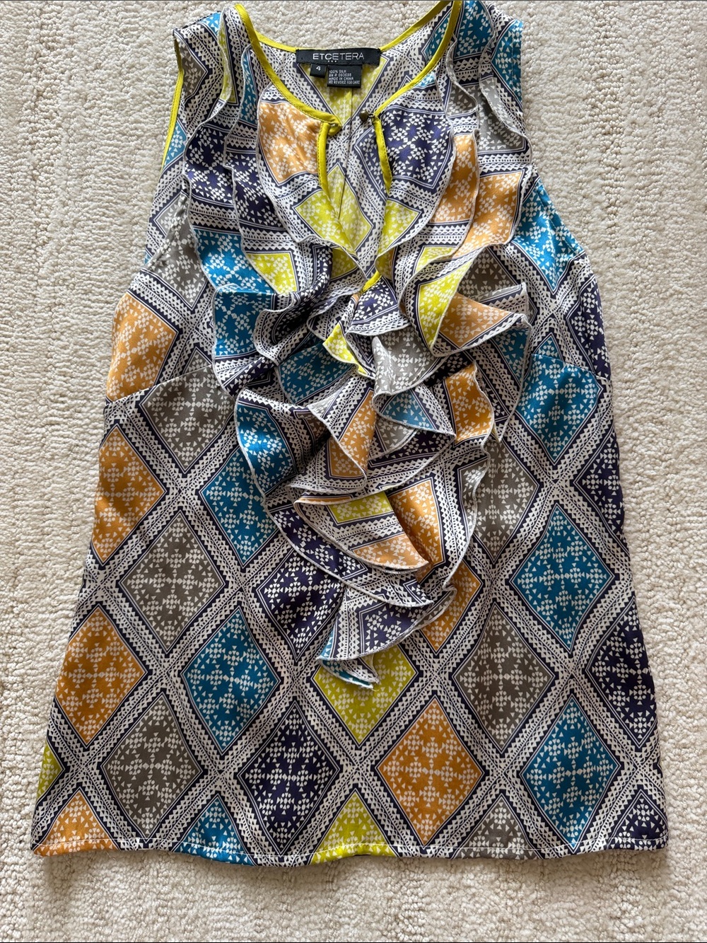 Etcetera Geometric Ruffle-Front Camisole - Blue & Yellow